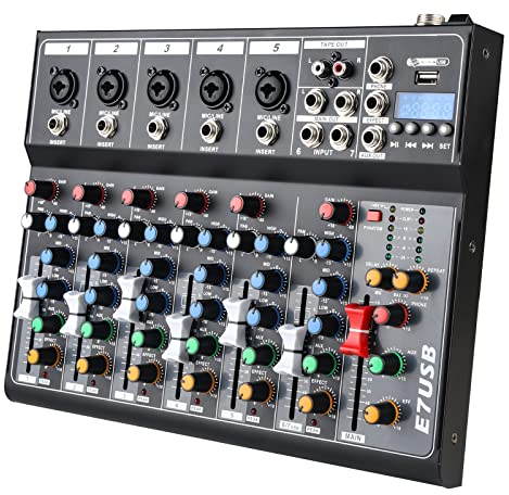 Mixer Audio Professionale a 7 Canali Mixer USB Bluetooth MP3 Ingresso 48V Alimentazione Phantom Stereo DJ Studio Streaming FX Reverb Delay Processor