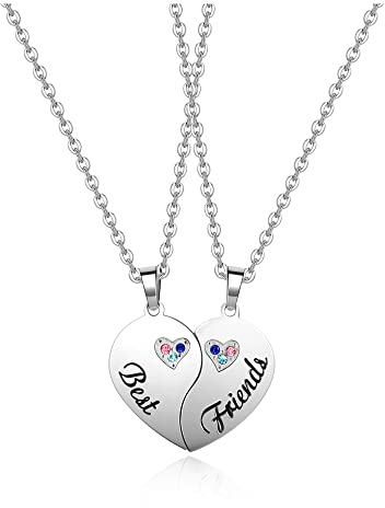 PiercingJak 2er Freundschaftsketten Herz Puzzle BFF Anhänger mit Gravur Best Friends Strass Edelstahl Liebe Freundschaft Halskette Geschenk für Beste Freunde, Silber