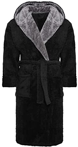 i-Smalls Mens Fleece Dressing Gown Hooded Soft Bathrobe Housecoat Belted Warm Robe UK (XL) Black