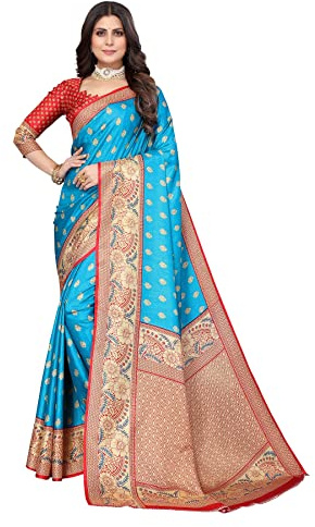 IMTRA FASHION Sari De Seda De Arte Estampado Azul Tradicional Indio Con Pieza De Blusa-SELENA SKY BLUE