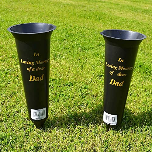 Set of 2 Black In Loving Memory DAD Spiked Memorial Grave Flower Vases Graveside Memorial with flower holder inserts