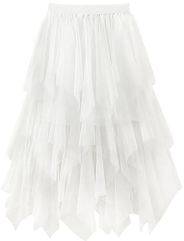 Reaowazo Tulle Skirts for Women Midi Long Fairy Skirt Tutu A-Line Mesh Layered High Elastic Waist Halloween Skirts White One Size