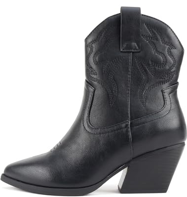 Soda “BLAZING” ~ Women Western Stitched Pointe Toe Low Heel High Top Ankle Shaft Boot Bootie (All Black PU, us_footwear_size_system, adult, women, numeric, medium, numeric_8_point_5)