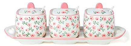 Azucarero de patrón dibujado a mano con tapa, azucarero de cerámica con forma de taza de té, accesorios de café, vertedor de azúcar, almacenamiento de cocina-rojo-uno tarros de especias de cocina