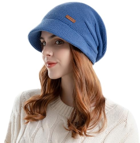 Enwokran kvinnor vinter stickad visir hatt fleece fodrad varm pullover basker hatt, tidningspojke-keps med brätte cloche öronskyddshatt för kvinnor, BLÅ, en storlek