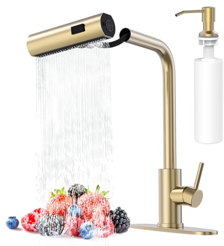 AVSIILE Brushed Gold Waterfall Kitchen Faucets with Pull Down Sprayer & Soap Dispenser, Single Hole & Handle, Pull Out Tap, Stainless Steel Sink Faucet, Suitable for Farmhouse Camper Laundry Rv Bar