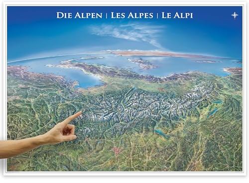 ORBIT Globes & Maps - Panorama Karte Alpen in deutsch als Poster, Karte der Alpen ca. 133x95cm: Gezeichnetes Relief im dreidimensionalen Stil, Blick von Norden nach Süden, Stand aktuell | Detailreiche Alpen-Panoramakarte mit gezeichnetem 3D-Relief und beeindruckender Ansicht von Norden nach Süden