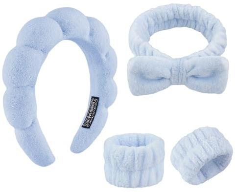 YUXIANLB Spa Headband for Washing Face, Skincare Headbands for Women Makeup, Terry Cloth Towel Hairband for Skincare, Sponge Puffy Make Up Hair Band for Women, Face Washing Wristband Pack of 4 (Blue)