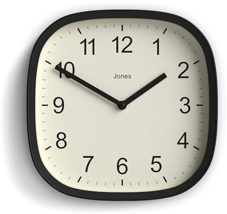 JONES CLOCKS® Sprite Wanduhr | Moderne Retro runde, quadratische Uhr | 25 cm | Schwarz | Leicht lesbare Zahlen | Perfekt für küche oder büro