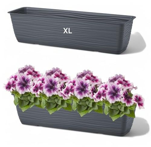 MELTOM Blumentopf Blumenkasten mit Halter Balkonkasten Wellen 3D Effekt mit Untersetzer (Anthrazit, XL- 60cm)