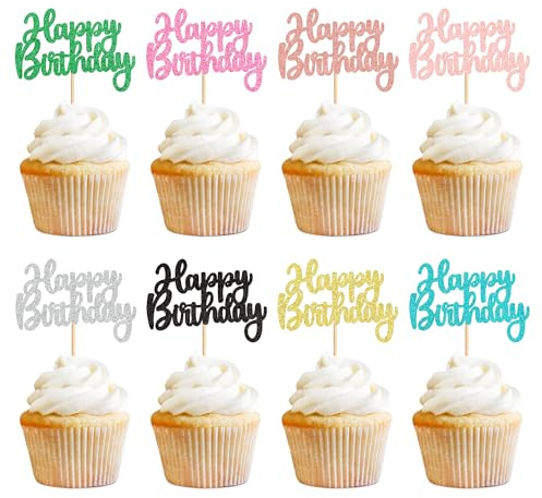 Blumomon 32Pcs Happy Birthday Cupcake Toppers Happy Birthday Cupcake Picks Birthday Cake Decorations Baby Shower Anniversary Party Supplies