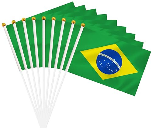 Lot de 50 mini drapeaux du Brésil à main - Petit drapeau brésilien miniature à bâton avec 21,6 x 14,9 cm - Décoration extérieure, décorations de fête, fournitures pour défilés, festivals, événements
