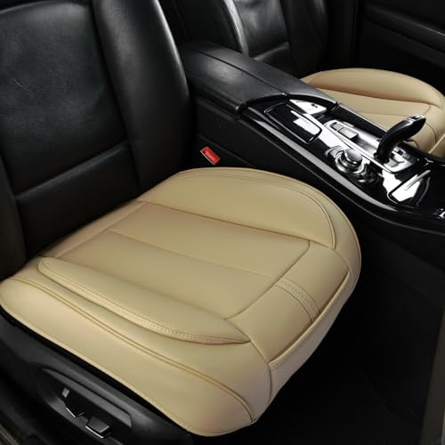 HOMOSTARRY 2 Pack Front Car Seat Cover Bottom Only Faux Leather, Anti-Slip Padded Seat Cushion, Full Wrap Seat Protector with Storage Function Fit 95% Cars, SUV, Pick-up Trucks (Beige)