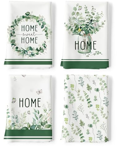 Arquiel Strofinacci Da Cucina Cotone Set Di 4, Panni Da Cucina In 100% Cotone Multiuso Morbidi E Assorbenti Strofinacci Canovaccio Cucina Strofinacci Da Bar(48 x 70CM, Foglie Di Eucalipto)