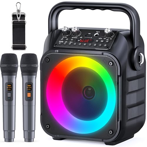 Singingmate Karaoke, Altoparlante Portatile Bluetooth per Adulti con 2 Microfoni Senza Fili, Sistema PA per Adulti e Bambini con Luci LED per Feste (Nero)