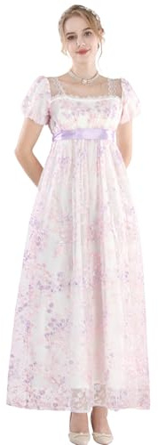 CR ROLECOS Robe Regency Jane Austen Robes de Thé de Style Victorien Blanc, Motif floral violet., XXL