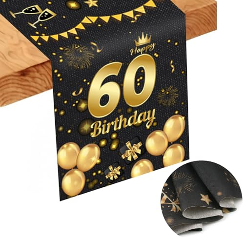 Tischläufer 60 Geburtstag, Schwarz Goldene Party Tischdecke aus Leinen | 186 x 34cm Tischläufer 60 Geburtstag für Jungen, Mädchen, Geburtstagsfeier, Feier, Party, Tischdecke, Dekoration