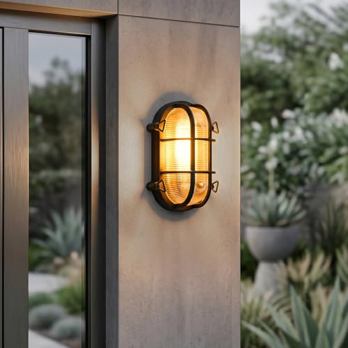 HOFSTEIN Außenwandleuchte Godel, Außenwandlampe aus Metall/Riffelglas in Schwarz/Klar, Wandleuchte in Gitter-Optik im Industrial/Retro/Vintage-Design, E27, IP44, Eingangsbereich, Terrasse, Haustür