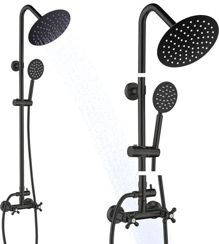 SUBEIXI Matte Black Outdoor Shower Kit, 2 Handle 8 Inch Round Rain Shower Head Outdoor Shower Fixtures Faucet System with High Pressure Handheld Spray, Wall Mounted