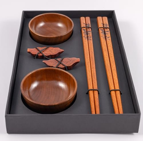 Caronte Flammae Handgefertigte japanische Essstäbchen aus Holz, natürliche Lotusbaum-Holz-Sushi-Stäbchen, inklusive japanischer Soja-Saucen-Halterung und Schüssel (2 Paar Essstäbchen mit Halterungen u