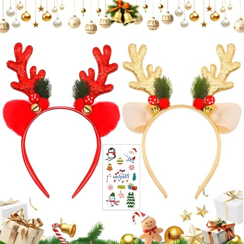 Rentier Haarreif Weihnachten Damen – 2 Stück Glitzer Rentier Haarreif Mit Weihnachts Haarschmuck & Aufklebern, Haarreifen Weihnachte, Eleganter Weihnachts Kopfschmuck Für Party, Familie & Fotoshooting