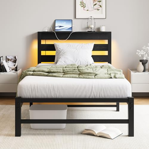VERFARM Cadre de lit simple 0,9 m avec station de charge et éclairage LED, cadre de lit métallique robuste avec plateforme et tête de lit en bois pour rangement, pas de sommier nécessaire, sans bruit