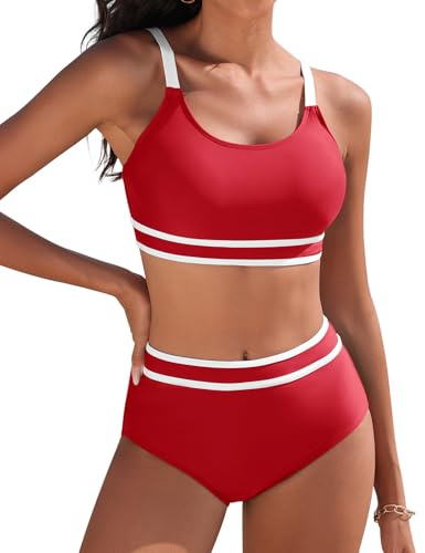 Yuson Girl Dam Baddräkt Tvådelad Push Up Vadderad BH Bikini Dam Hav Justerbar Badkläder U-ringning Randig Patchwork Bikini Hög Midja Strandbikini, Vinröd, XL
