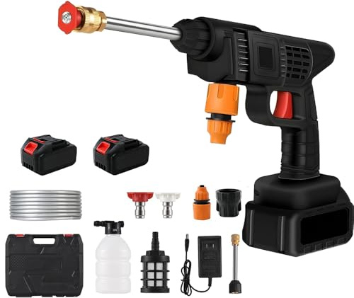 Idropulitrice Portatile, Idropulitrice a Batteria con 2 batterie 16680VF e Scatola di Immagazzinaggio, 0-8 metri di distanza di spruzzo d'acqua, per Auto, Terrazza, Giardino, Pulizia di Tappeti