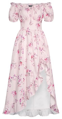 Viktorianisch Corsagenkleid Damen Kurzarm mit Rüschen Cottagecore A-Linie Blumen Sommerkleid Rot Druck auf Rosa M
