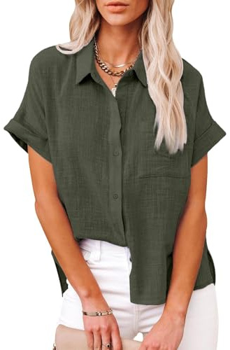 Friptspyg Bluse Damen Blusen & Tuniken Lässiges Kurzarm Hemdbluse Sommer V-Ausschnitt 100% Baumwolle Solide Blusenshirt Elegant Oberteile mit Tasche, Armee Grün M