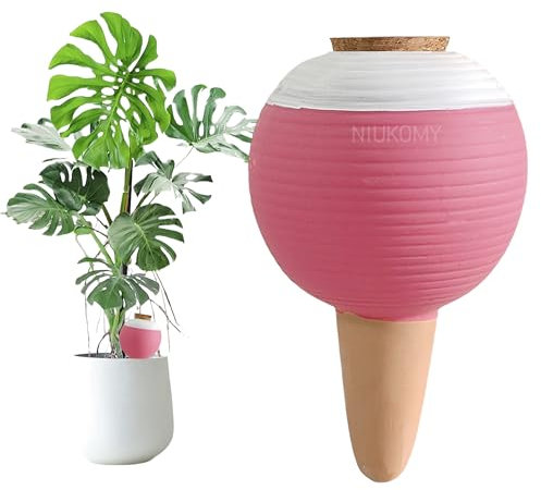 NIUKOMY Irrigazione Automatica Argilla Grande 450 ML, Dispenser Acqua Piante Terracotta, Sfere da Irrigazione Cono Argilla con Tappo Sughero per Vacanze, Famiglia, Ufficio, Rosa
