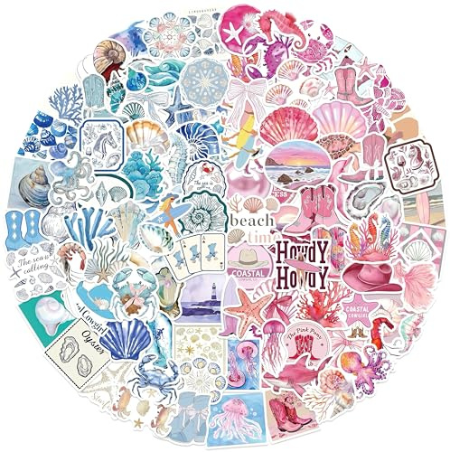 Blaue & rosa Küstenaufkleber 100 Pack - Strand Sommer Ozean Thema wasserdichte Vinyl Aufkleber für Mädchen Teens, Wasserflaschen, Laptops, Gepäck, Skateboards
