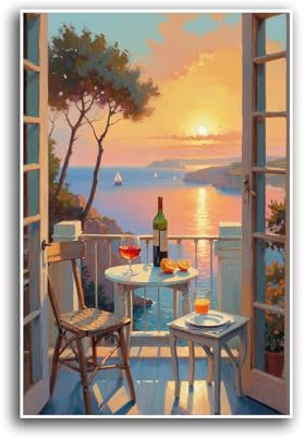 Sunset coast dining table canvas painting white wooden balcony with green bottle wine glass orange slice wicker chair french door frame blue sea sailboat rock cliff pink skyline home decor wall art
