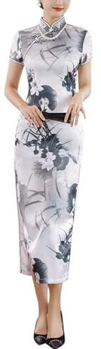 Women's Short Sleeve Long Cheongsam Traditional Print Mid Calf Side Split Chinese Dress (416# Ink Lotus, L)