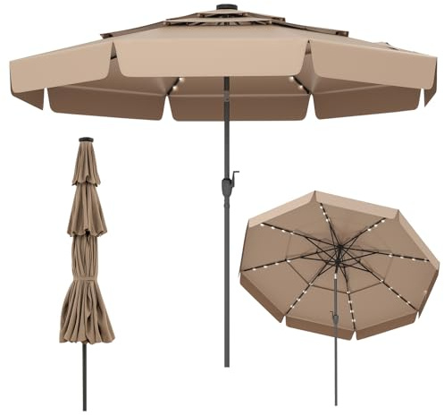 GOPLUS Parasol de Jardin Extetieur avec 32 lumières LED, 3M Parasol Balcon Inclinable avec Manivelle, Auvent à 3 Couches, 8 Baleines, pour Terrasse, Piscine, Base Non Incluse (Marron)