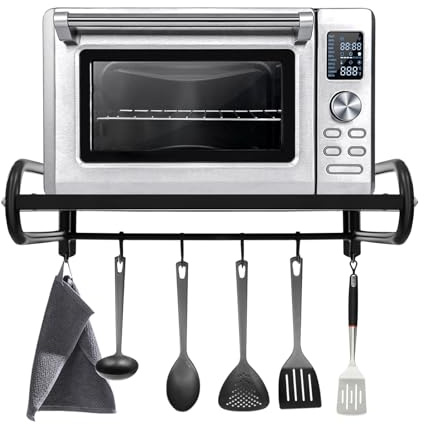 TkkMivcOC Microwave Shelf, Metal Wall Mounted Oven Rack with 6 Hooks and Guardrail, Kitchen Pots and Lids Organizer for Home Office Kitchen Storage, Max. 30kg, Black, 53x38x18cm