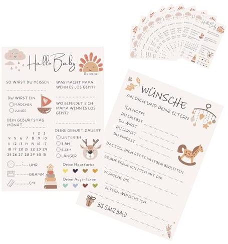 Gleemix 10 x Babyparty Spiele Karten, Tolles Spiel für Gender Reveal, Babyparty Karten zum Ausfüllen für Mädchen und Jungen, Beidseitig Bedruckt, Deutsch