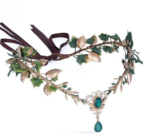 MOSTORY Elfen Kopfschmuck für Feen Kostüm Damen Accessoires, Grün Waldfee Krone mit Blatt für Karneval Cosplay