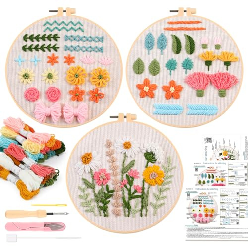 JSRQT 3 Pezzi Kit di Avviamento Punch Needle per Principianti, Kit di Pratica Ricamo Punch Needle per Imparare Punto Base, Set per Principianti Punto Croce Ago da Punzonatura con Strumento Istruzioni