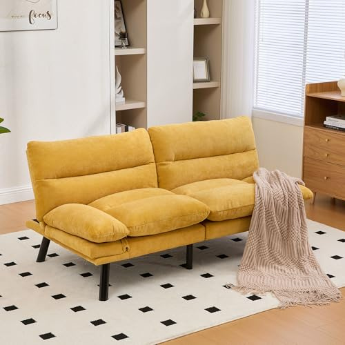 LIFEISLE Sofa 2er Sitzer Schlafsofa mit Schlaffunktion, 165CM Eckesofa mit Verstellbarer Rückenlehne und Armlehnen, Klein Couch Geeignet für Wohnzimmer Apartment, Chenille Gelb
