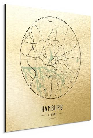 DEQORI Alu-Dibond Bild Stadtplan Hamburg gold gebürstet mit Druck | 30x30 cm | Aluminiumverbund – modernes Wandbild für Innen- & Außenbereiche mit starker Bildwirkung & leichter Montage