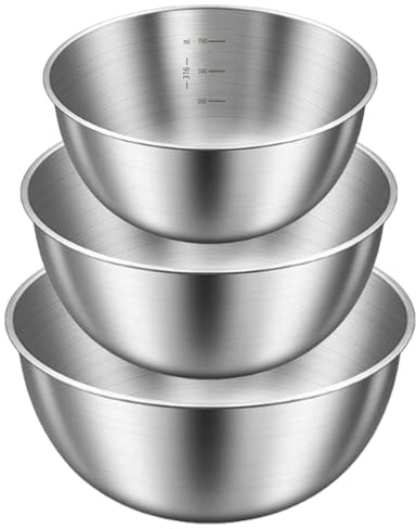 Senshuomy Stainless Steel Mixing Bowls Set,3 Pcs (23cm/20cm/17cm),Duty One-Piece Construction,Non-Slip Bottom,Brushed Finish,Ideal as Mixing Bowls for Baking,Dough Kneading,Salad & Food Prep
