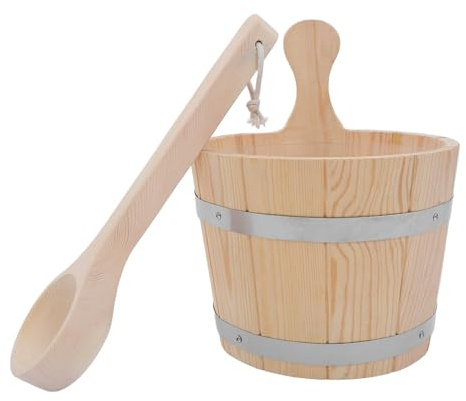 TOYANDONA Holzsaunaeimer 5L mit Griff und Holzschöpfkelle Auslaufsicherer Saunaeimer für Dampfbad Spa und Garten Saunalöffel Zubehör für Sauna und Badeanwendungen