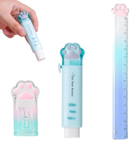 LAKPYN Set de Papelería: Sacapuntas con Forma de Garra de Gato + Goma de Borrar Azul +Regla, para Escolares y Amantes de la Papelería