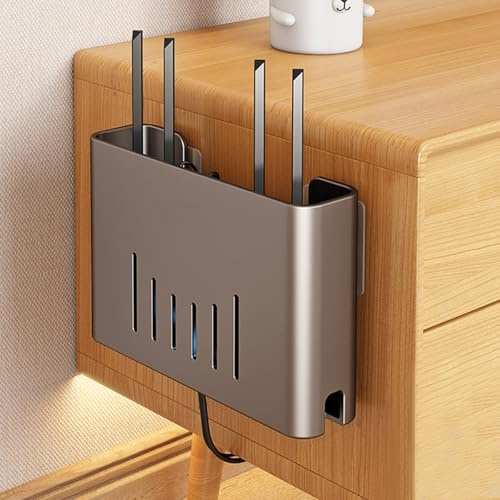YESENT Floating Metal Wall Mount Shelf,Wifi box wall mount,Hide cables，Grey | Waterproof and rust-resistant, cable-concealing design, drill-free installation; home storage rack.