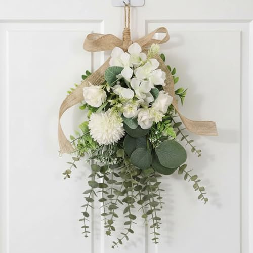 Teardrop Wreath Large Artificial Floral Swag with White Eucalyptus and Chrysanthemum Hanging Bouquet for Front Door Wall Wedding Home Decor