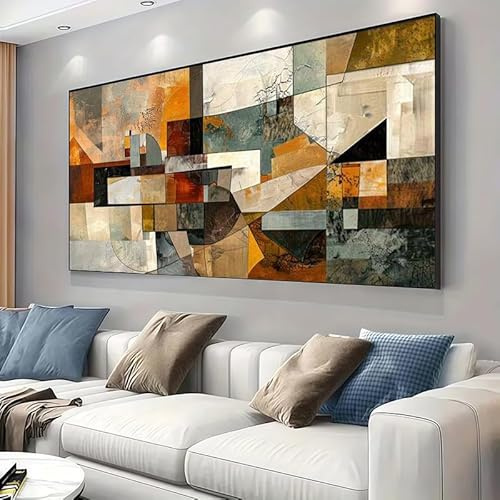 IHHGNB Grande dipinto geometrico astratto moderno su tela, decorazione da parete nei toni della terra beige marrone nero grigio arancione (80x160 cm/senza cornice)