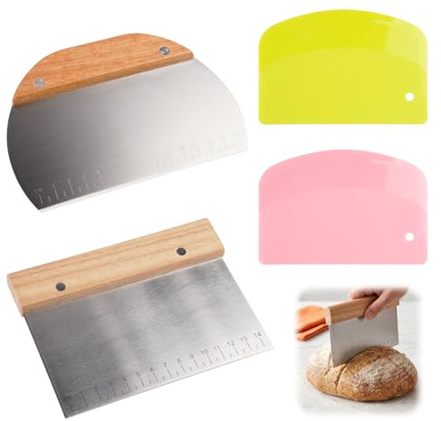 TESSTSY 2 Stückteigschaber Edelstahl, Teigkarte, Teigkarte Edelstahl | Teigabstecher, mit Rutschfestem Holzgriff, mit Zwei Kunststoffspateln für Teig, Pizza, Brot, Kuchen, Brownies, Reiskuchen