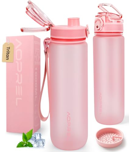 AOPREL Trinkflasche 1L Mit Filter & Zeitmarkierung, BPA-frei Tritan | Upgrade-Dichtung Auslaufsicher Wasserflasche, mit Bürste, Abnehmbares Band, Sportflasche für Fitness, Schule, Outdoor