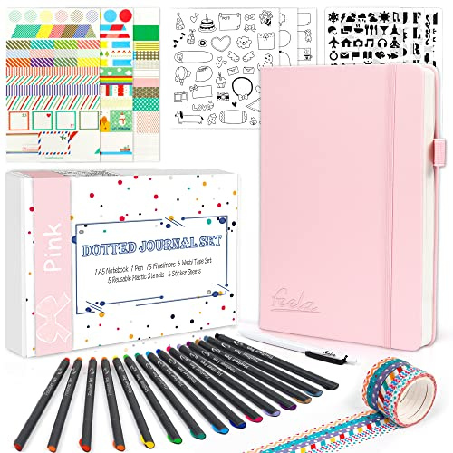 feela Carnet de Notes A5 Pointillé, Kit Bullet Journal avec Fournitures Journaling Pochoirs Stickers Stylos, Couverture Rigide, Carnet de Notes Medium (A5) pour Notes, Journal Intime, 244 Pages, Rosé